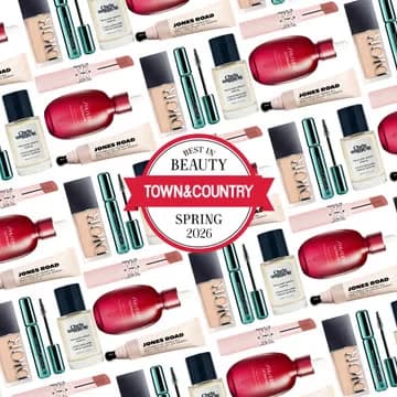 Collection of beauty products featured in a magazine.