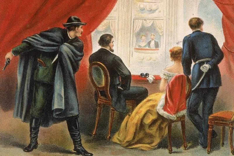 illustration depicting John Wilkes Booth preparing to assassinate president Abraham Lincoln in the balcony of Ford's Theatre, Washington DC, April 14, 1865.